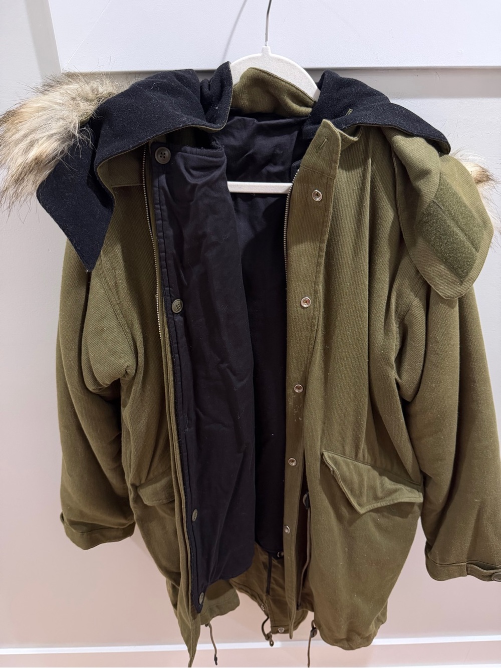 IRO Olive Green Parka with Black Hood and Fur Trim